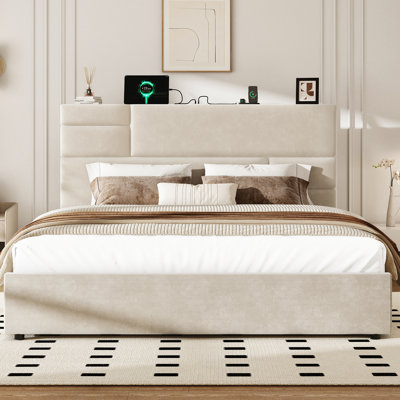 Lit plateforme Queen Size avec tête de lit ajustable et tiroirs de rangement, beige