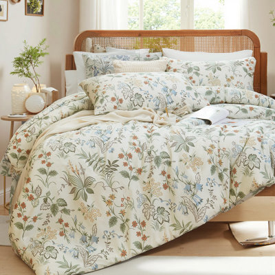100% Cotton Comforter Set Queen Size 3 Pcs Botanical Comforter Set Nature Floral Bedding with Greenery  Flowers, Soft Breathable Lightweight Comforter Set for Cozy Bedroom Style
