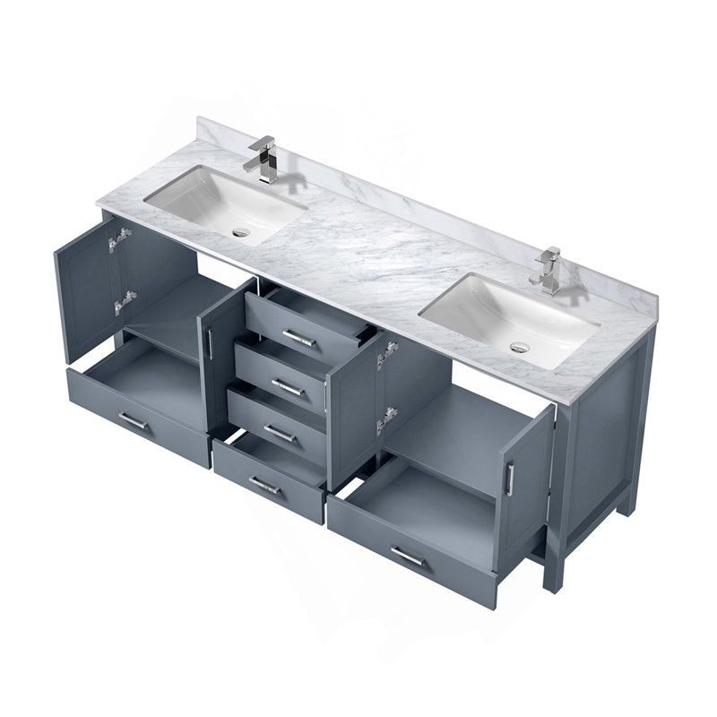Meuble-lavabo double gris foncé 80 po X P 22 po D, dessus en marbre de Carrare et ensemble de robinet, Gris foncé