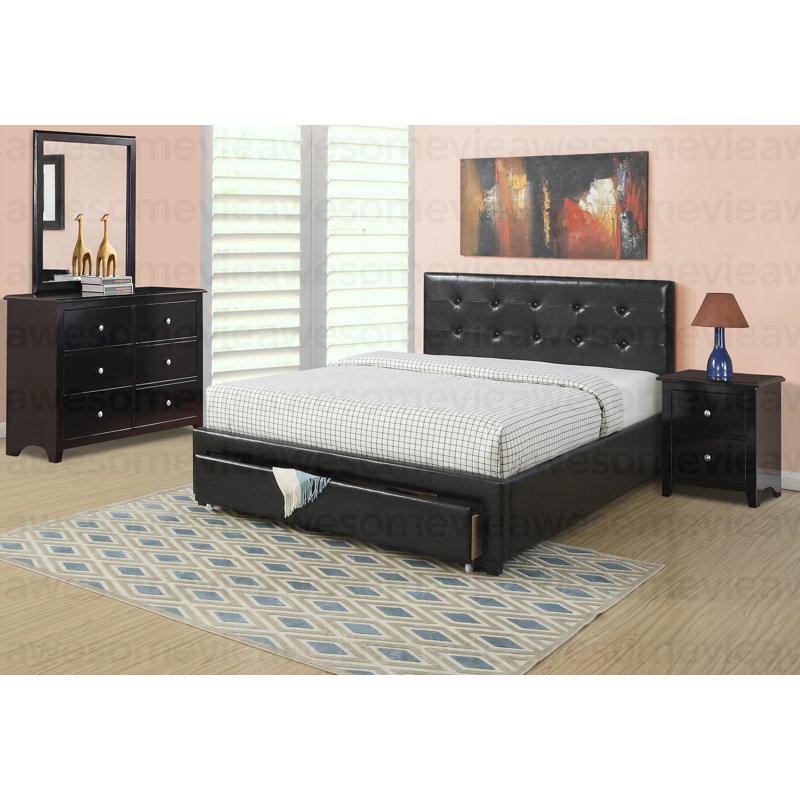 Lit double capitonné moderne avec rangement pour tête de lit moderne, Noir