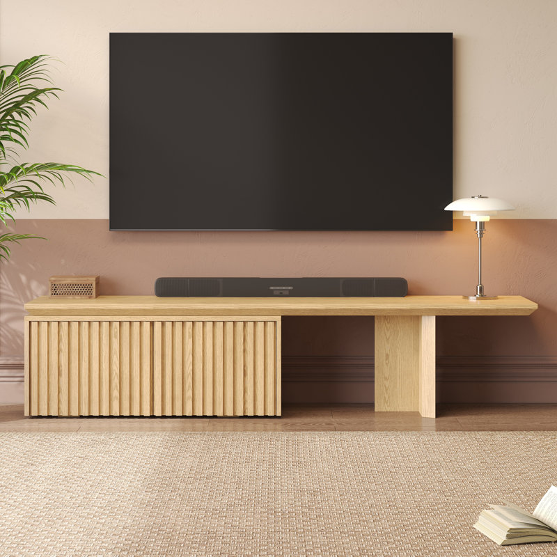 Meuble télé Mid-Century moderne extensible avec portes cannelées pour meuble télé de 65/70/75/80 po