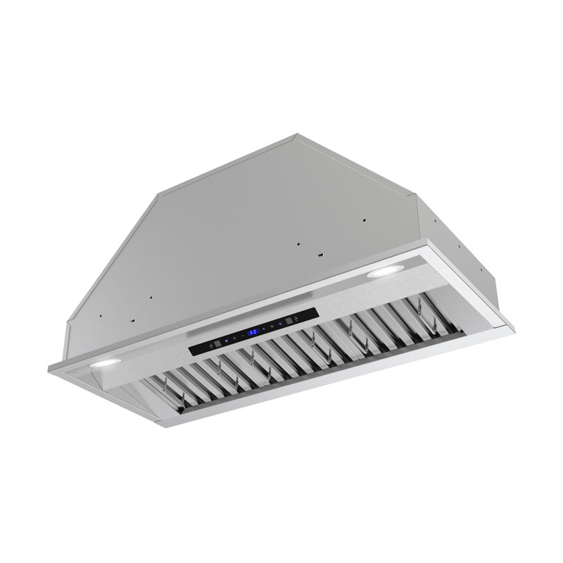 Robinet 34 po T-11791-1-TG Hotte de cuisine à conduit 350 pi³ / min en acier inoxydable brossé avec filtres à chicane, commande à pavé tactile, lumières DEL Frascati