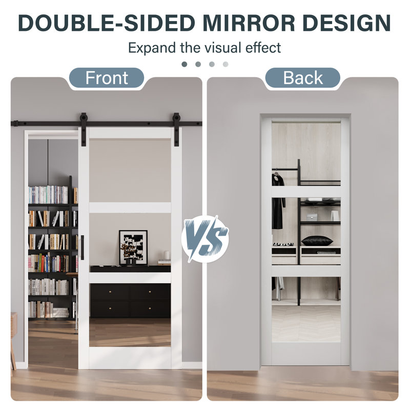 3-Lite 𝗗𝗼𝘂𝗯𝗹𝗲-𝘀𝗶𝗱𝗲𝗱 𝗠𝗶𝗿𝗿𝗼𝗿 Glass Barn Door Sliding Solid Manufactured Wood Interior Doors with Hardware Kit