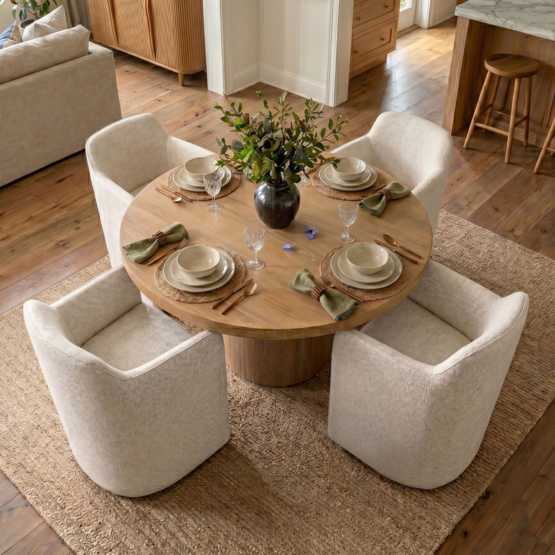 Ensemble de table de salle à manger pour 4 personnes avec table ronde unie et 4 chaises rembourrées en tweed, Yellow, Beige