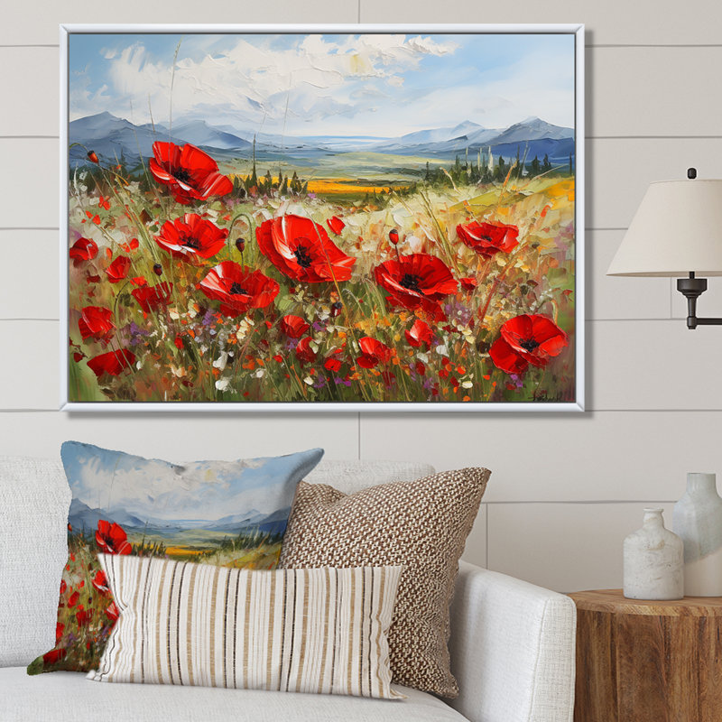 «Red Poppies Field In Mountain I», reproduction sur toile, Cadre flottant blanc, H 24 po x l 32 po x P 1 po