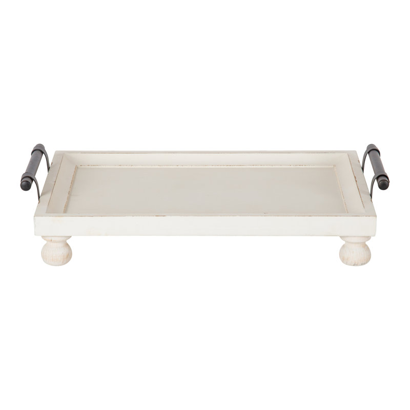 Distressed White Solid Wood Tray with Antique Metal Handles