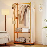 5-In-1 Full Length Mirror With Coat Rack, Bamboo Entryway Organizer With Hat Rack, Storage Shelf & Rolling Base, Rustic Modern Style For Bedroom Or Small Space