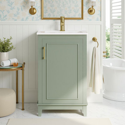 20" Modern Narrow Bathroom Vanity With Ceramic Sink, Solid Wood Legs, And Soft-Close Door With Double Shelves, Green