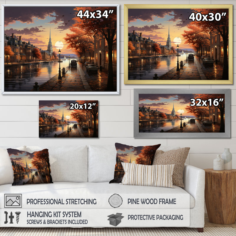 Étang à Boston, souvenirs - art mural encadré Boston, H 16 po x l 32 po x P 1 po, Encadrement doré