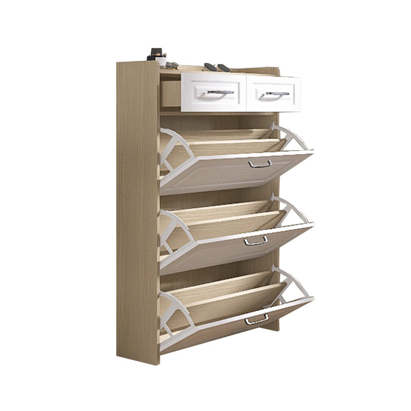 Le rangement à chaussures blanc et chêne avec 3 portes et 2 tiroirs, crée une couleur de cabinet moderne et soignée, rehausse la décoration intérieure