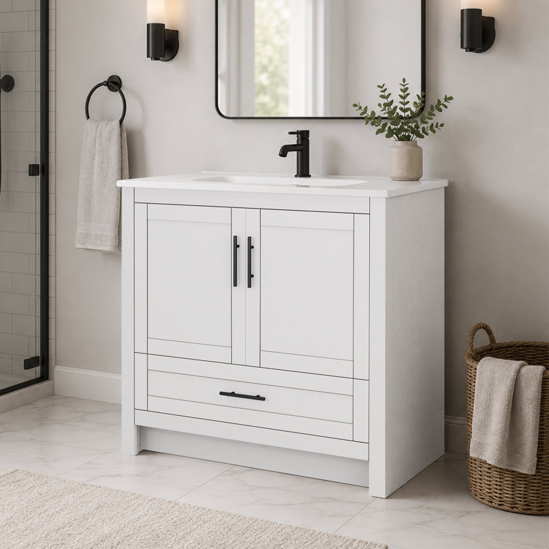 Meuble-lavabo autoportant simple 36 po avec lavabo en céramique Lumina, blanc, contreplaqué de bois franc, portes à fermeture en douceur et rangement réglable intérieur