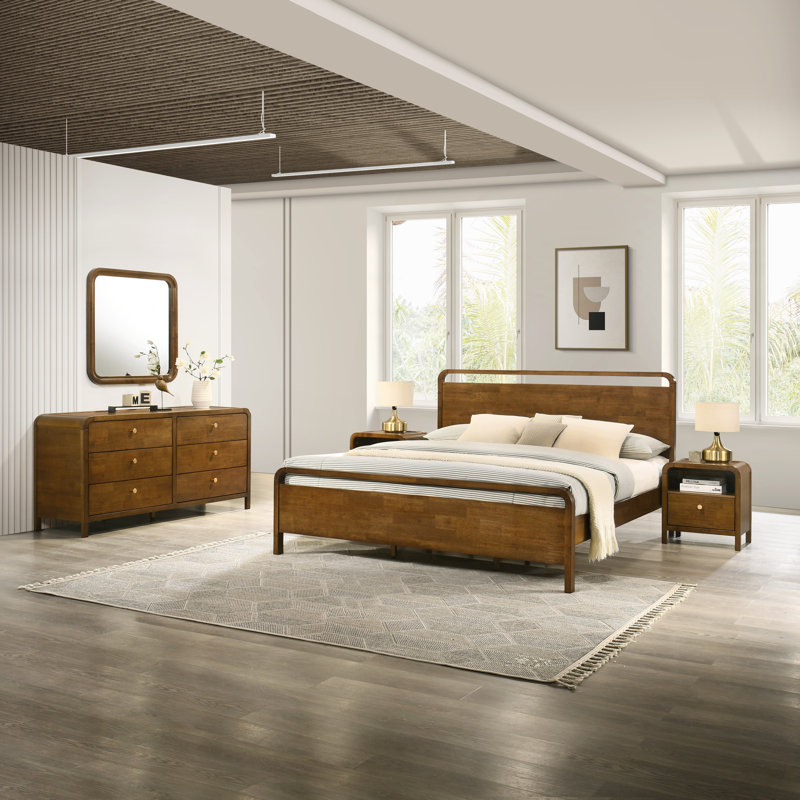 Ensemble de chambre à coucher en bois Ellum, lit plateforme très grand avec commode, miroir et deux tables de chevet au fini noyer