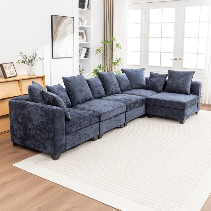 Kempson 5 - Piece Modular Upholstered Sectional, Blue Polyester