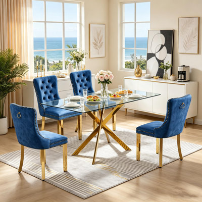 5 Piece Glass Dining Table Set, 51" Rectangular Dining Table and 4 Upholstered Dining Chairs, Kitchen Table Set for Dining Room