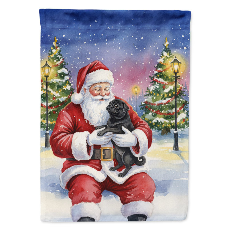 Carlin noir avec le drapeau de la maison du père Noël, Taille de la maison, Carlin noir