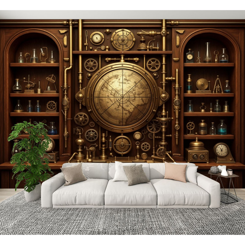 Papier peint adhésif autocollant Steampunk Vintage Globe, L 144 po x l 100 po