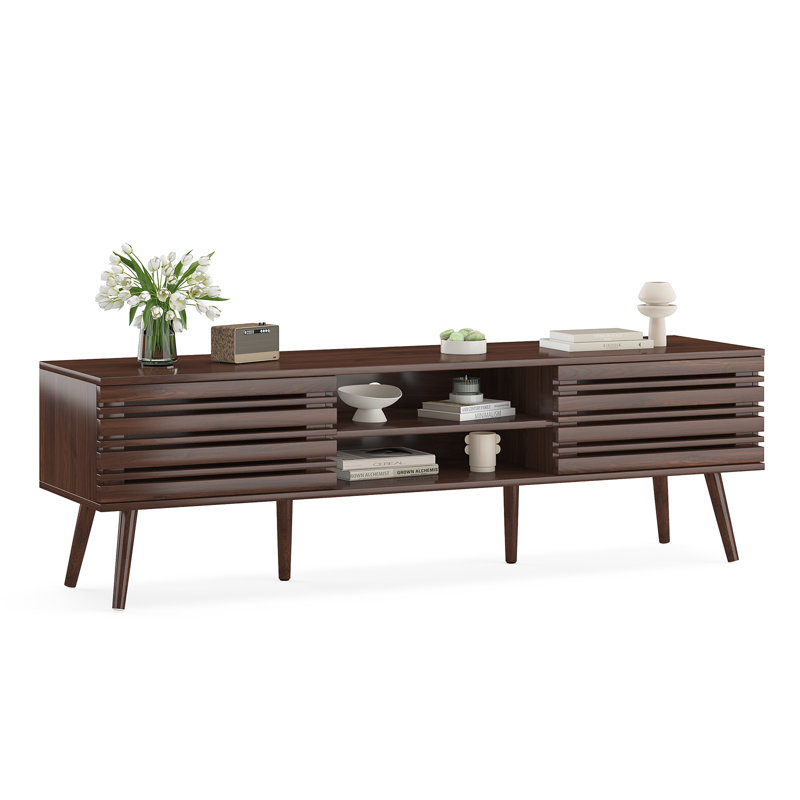 Mid Century Storage TV Stand For Tvs Up To 70", Dark Brown Wood
