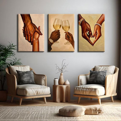 3Pcs Black Couple Canvas Wall Art Black Love Wall Decor Pictures African American Couple Holding Hands Posters Prints For Living Room Bedroom Decoration 12X16in