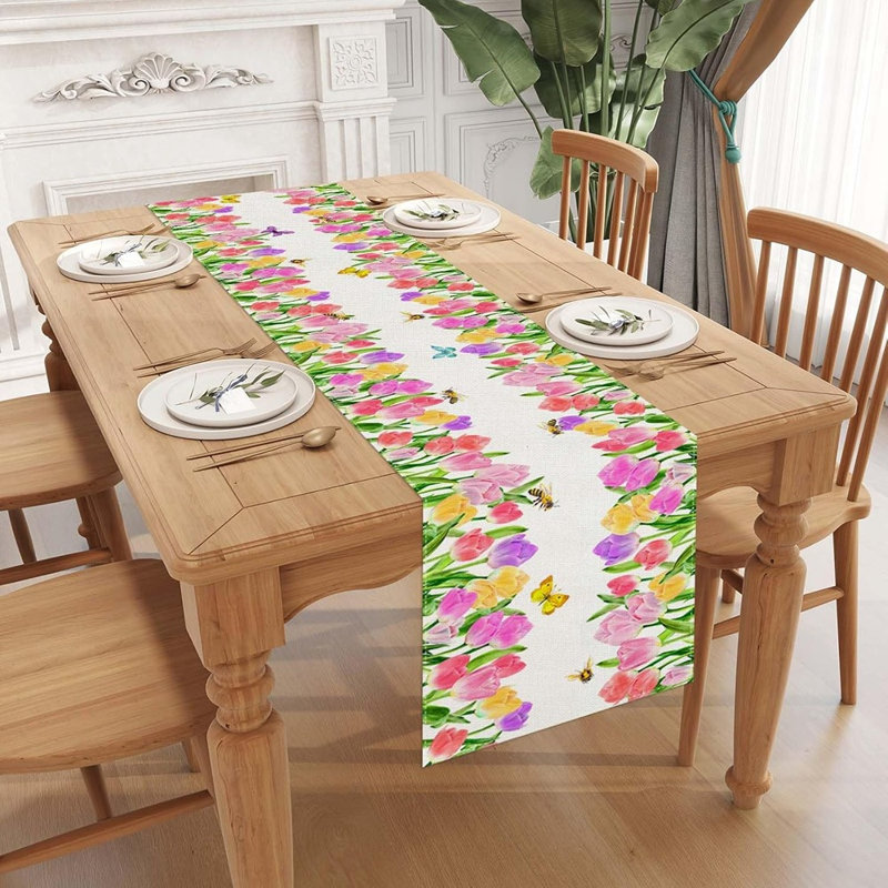 Watercolor Tulip & Butterfly Table Runner - Multicolor -  Linen For Spring & Summer Floral Décor, White, 13.2" L x 9.1" W