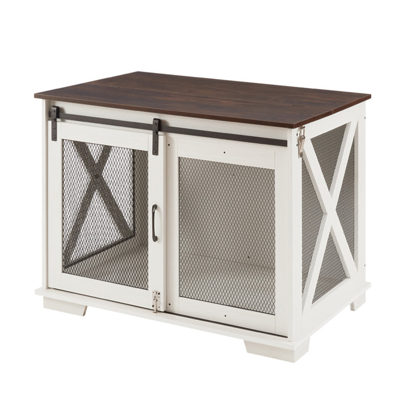 White Medium Farmhouse Dog Crate Table with Metal Mesh
