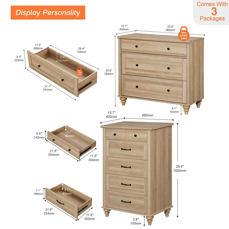 3 Piece Bedroom Set - Includes Mid Century 5 Drawer Dresser, Set Of 2 Bedside Tables With 3 Drawers, 3 Piece Dresser And Nightstand Sets