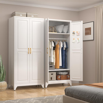 Armoire-penderie avec portes Armoire, armoire-penderie de 71 po avec tringle, placard en métal avec 2 tablettes réglables pour école de chambre à coucher, employé, salle de sport, armoires de luxe, blanc