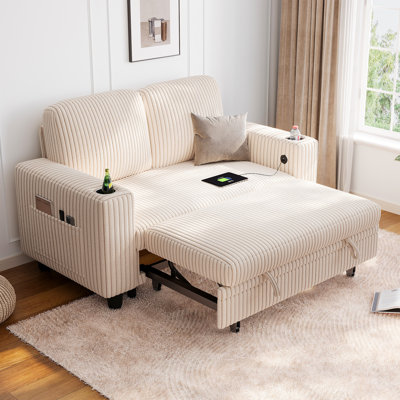 Sherry 56" Plush Corduroy Loveseat Sofa Bed With USB Charging & Cup Holders