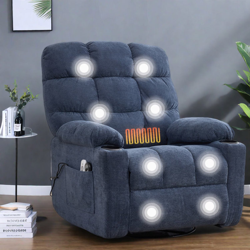 Fauteuil inclinable électrique chauffant et massant, pivotant en métal et tissu chenille pour maison moderne