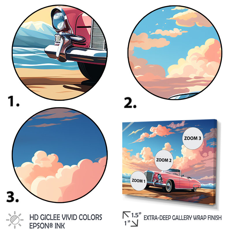 Voiture rose Cadillac rose au coucher du soleil III - voiture ancienne, art mural américain, Cadre flottant doré