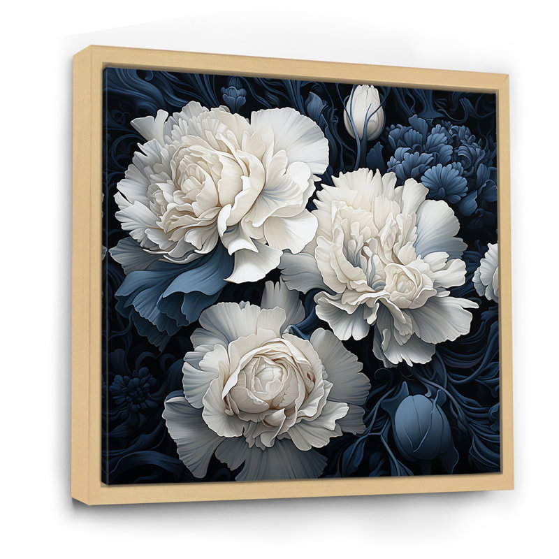 Oeillets blancs et bleus arrangement V - œillets, impressions sur toile, H 36 po x l 36 po x P 1,5 po, Cadre flottant naturel