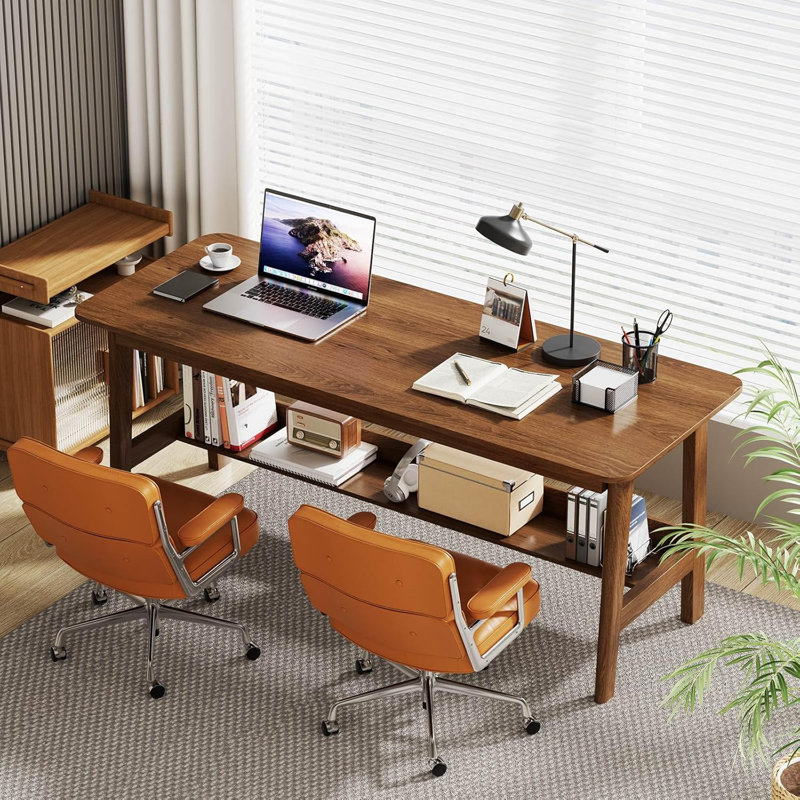 63'' Long Solid Wood Base Computer Writing Desk, 2 Person Desk Double Desk