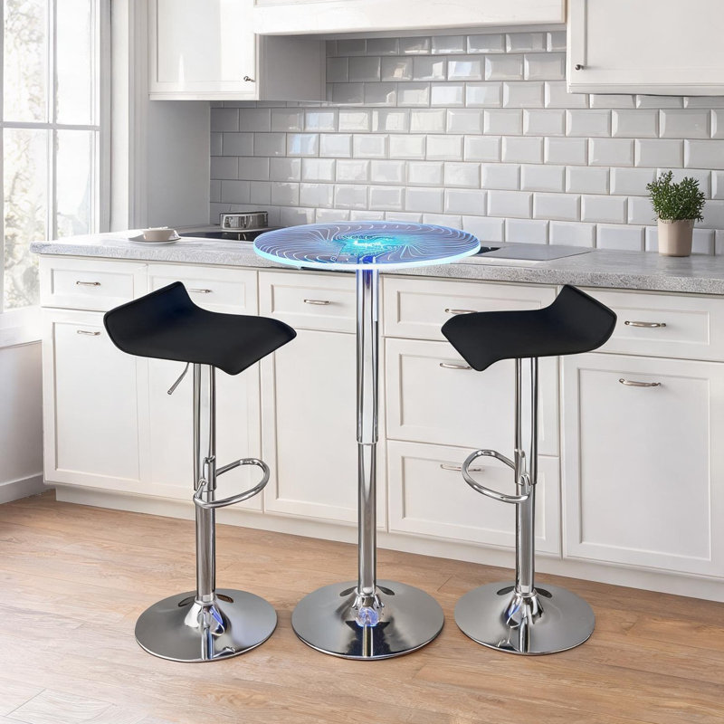 Ensemble de bar rond réglable 3 pièces avec table en acrylique lumineuse et base chromée, tabourets en similicuir noir