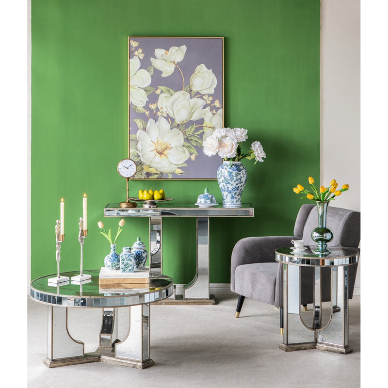 Table basse ronde à miroir avec un magnifique motif floral, 35,5 x 35,5 x 19