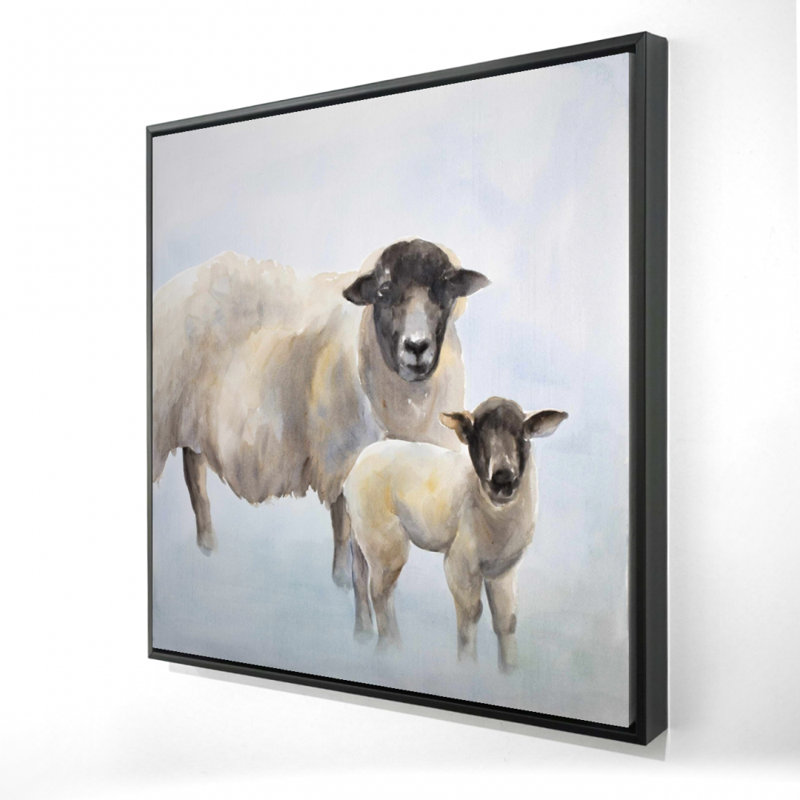 Toile mouton et bébé | Art animalier bleu | Décoration intérieure, H 25,25 po x l 25,25 po
