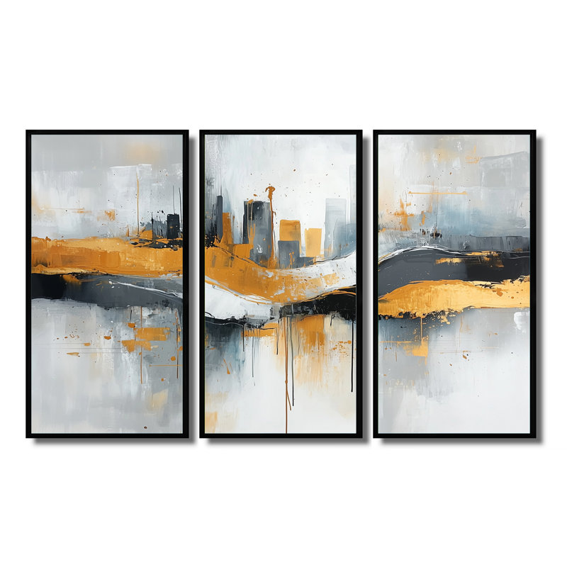 «Bold Minimalisme Cityscape Horizon I», art mural grand paysage urbain - 3 panneaux, H 28 po x l 36 po, Noir