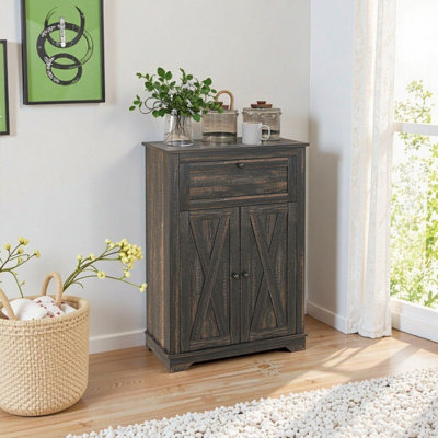 Dark Brown Farmhouse Barn Door Buffet Cabinet with Drawer, Adjustable Shelf - 23.5"W Storage Sideboard for Kitchen, Living Room, Bedroom