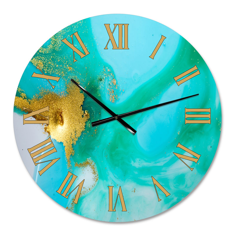 Or et vert marbré texture ondulée II - horloge murale moderne, Moyen