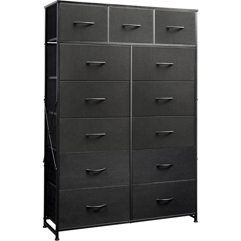 Grande commode pour chambre à coucher avec 13 tiroirs, unité de rangement pour commode, commodes en tissu pour chambre à coucher, placard, commode avec bacs en tissu, structure en acier, plateau en bois, noir anthracite