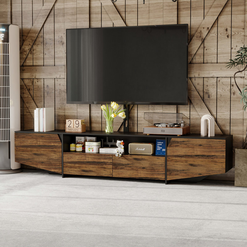 Rustic Modern TV Stand With Storage Cabinets And Open Shelves, Compatible With Tvs Up To 85 Inches