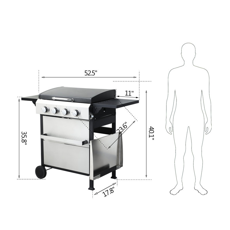 Barbecue d'extérieur au gaz propane 4, 49200Btu, SS, grilles de cuisson en émail métallique, table d'appoint pliable, support à panier suspendu