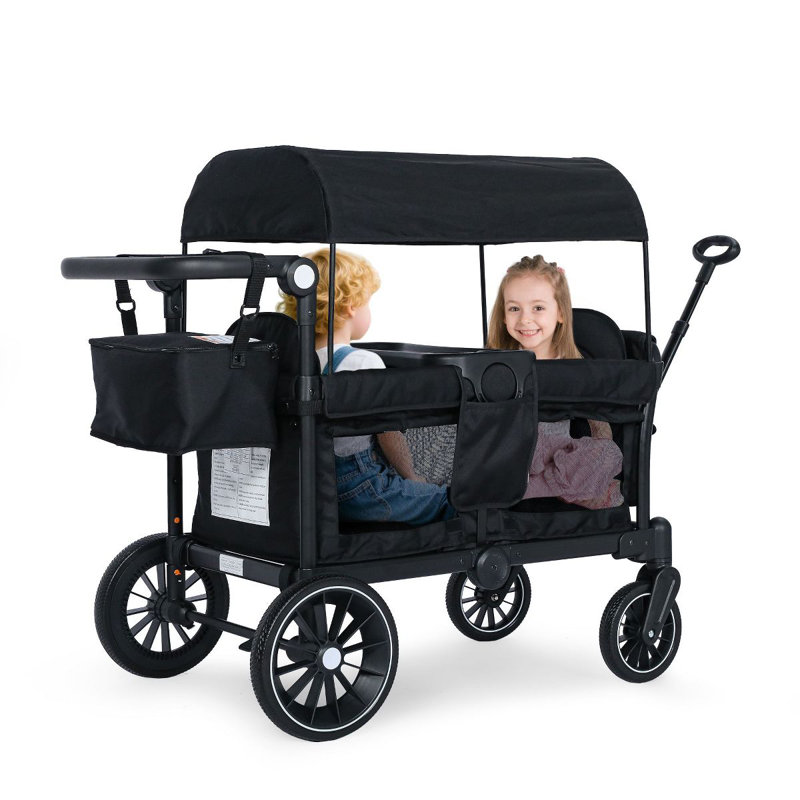 2-Seat Wagon Stroller, All-Terrain Foldable Stroller Wagon for Toddlers with Canopy, Snack Tray & Push/Pull Bar, Black
