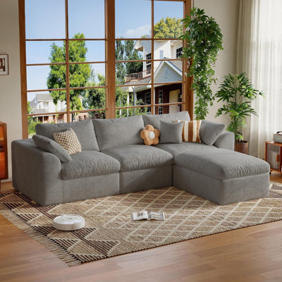 Canapé d'angle modulaire Cloud en forme de L, 274 cm (108 po), sans ossature, avec pouf, velours mousse, double couche de mousse, dossiers amovibles, aucun assemblage requis, gris