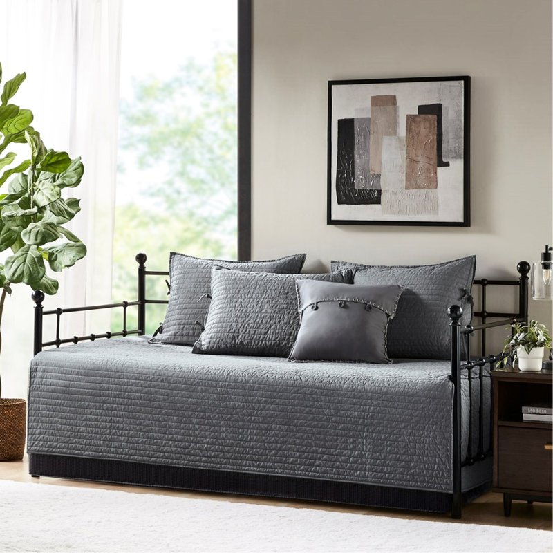 6 Daybed Cover In Grey - Reversible Plaid Print With Cover, , 3 Shams, And Decorative Pillow 90% Cotton, 10% Other Fiber Filling, Spot Clean 6 Piece 17-Inch Drop , Cotton Blend Fabric