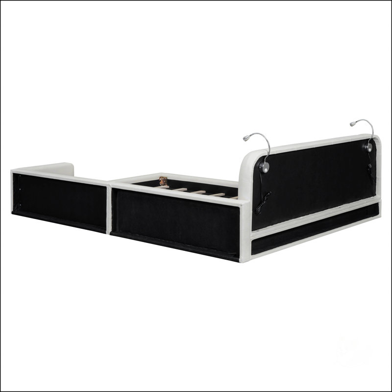 Grand lit plateforme tapissier avec 2 lampes de lecture, Blanc
