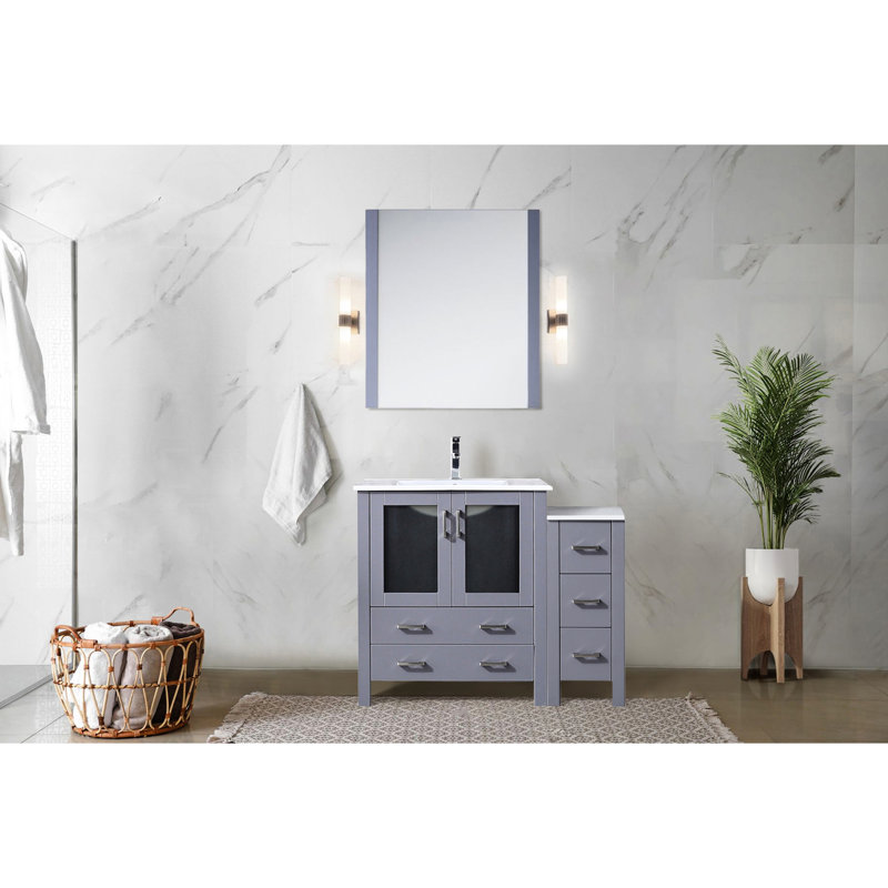 Meuble-lavabo gris foncé de 42 po W, armoire latérale, plateau en céramique blanche, miroir 28, fonctionnalité de fermeture en douceur, cinq tiroirs et un tiroir rayé gris, conception à fermeture, tiroirs de rangement, surface