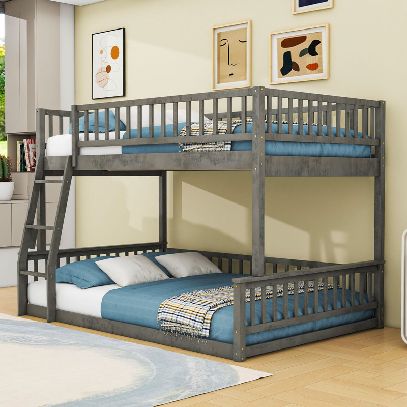 Wood Bunk Bed With Ladder And Slats, Gray, Full XL Over Queen
