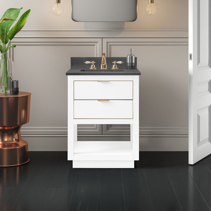 Allie 24" Single Bathroom Vanity with Gray Quartz Top, Gray Quartz/Gold, White
