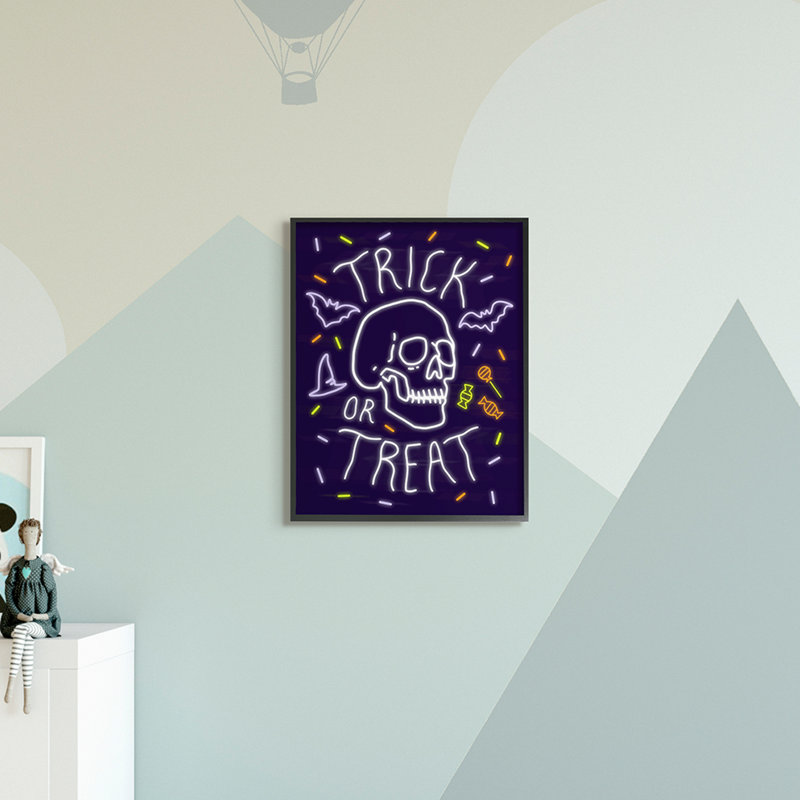 Squelette effrayant d'Halloween, H 20 po x l 16 po x P 1,5 po, Giclée encadrée noir minuit