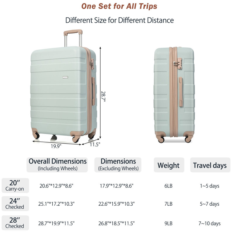 Ensembles de bagages Nouveau modèle ABS Hardshell 3 pièces Ensemble de valises rigides et durables Valise à roulettes avec serrure TSA 20 "24" 28 "