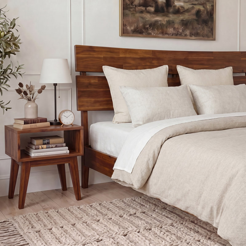 Ensemble de chambre à coucher grand 2 pièces - Structure de lit plateforme en bois d'acacia massif et table de chevet assortie, finition Mid-Century moderne, finition noyer, capacité de 800 lb, rangement, sans sommier, facile à assembler